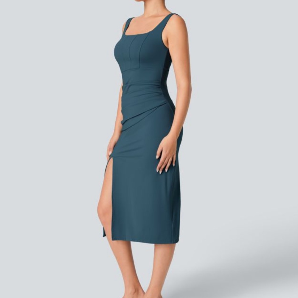 Sleek Teal Halara Bodycon Midi Dress with Side Slit, new - Picture 3 of 11